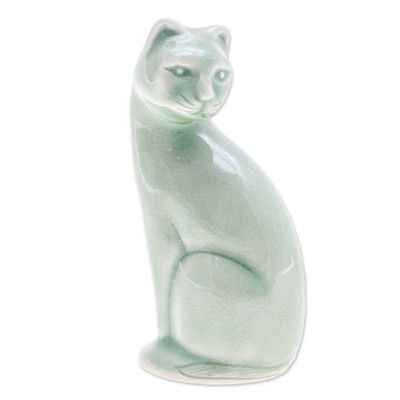 Alternate image for Green Celadon Ceramic Cat Figurine Hand-Crafted in Thailand Beautiful Cat