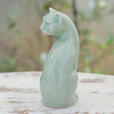 Alternate image for Green Celadon Ceramic Cat Figurine Hand-Crafted in Thailand Beautiful Cat