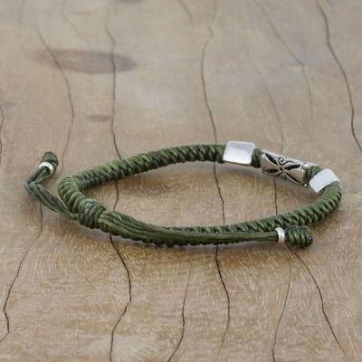 Alternate image for Hand Braided Olive Cord Bracelet with Silver Pendants Karen Triangle in Olive