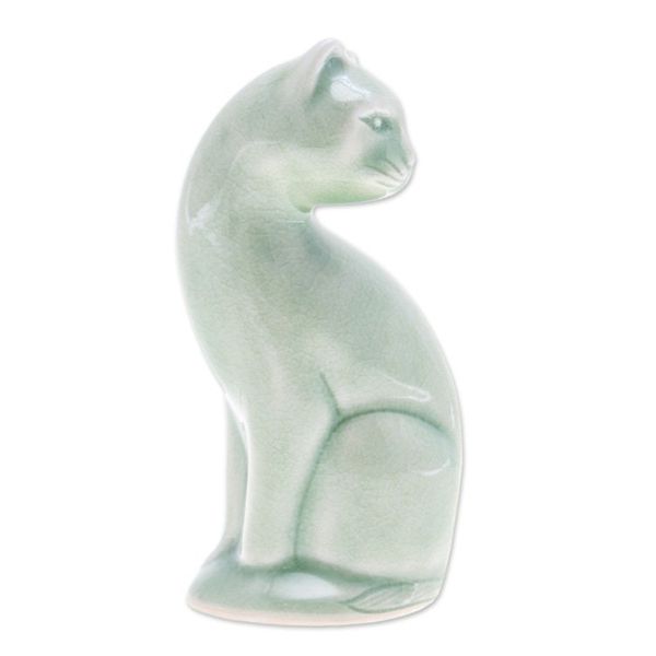Alternate image for Green Celadon Ceramic Cat Figurine Hand-Crafted in Thailand Beautiful Cat
