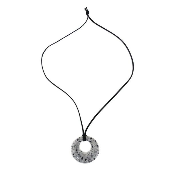 Alternate image for Ceramic Handmade Floral Black and White Pendant Necklace Flower Lines