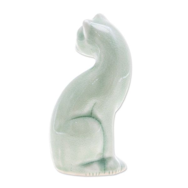 Alternate image for Green Celadon Ceramic Cat Figurine Hand-Crafted in Thailand Beautiful Cat