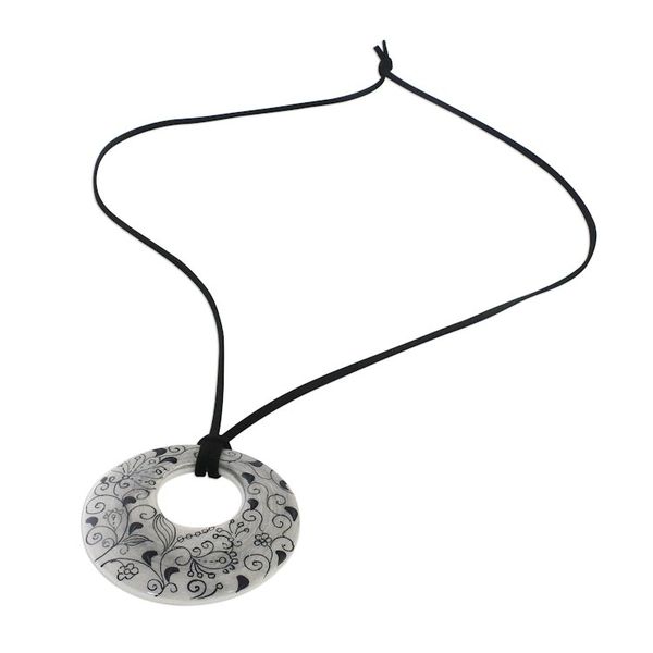 Alternate image for Ceramic Handmade Floral Black and White Pendant Necklace Flower Lines