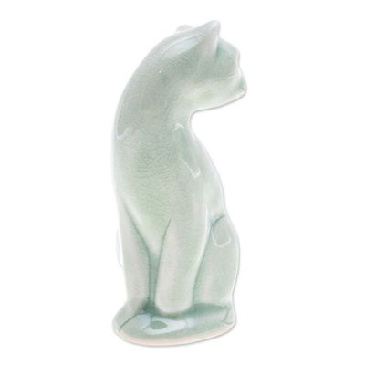 Alternate image for Green Celadon Ceramic Cat Figurine Hand-Crafted in Thailand Beautiful Cat
