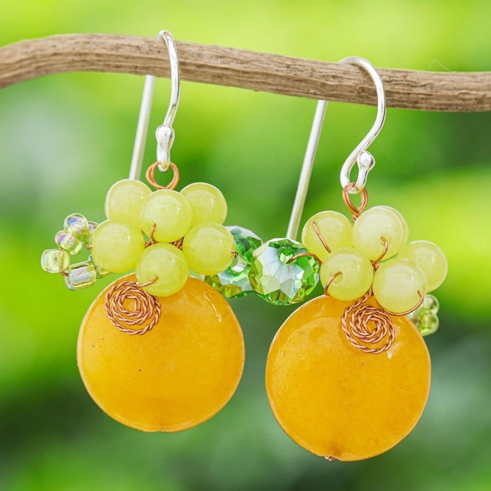 Orange Quartz and Glass Bead Dangle Earrings with Copper 'Moonlight Garden in Orange'