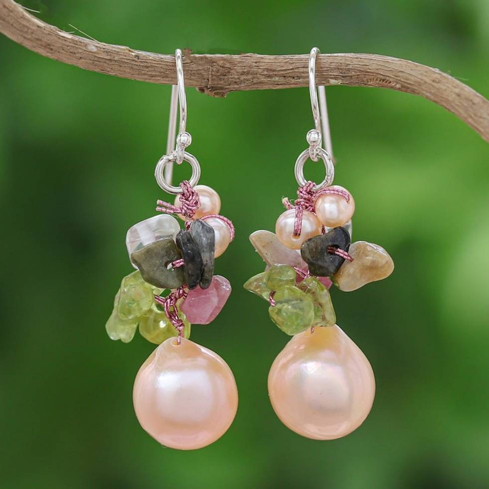 Pearl and peridot cluster earrings 'Rosy Dawn'