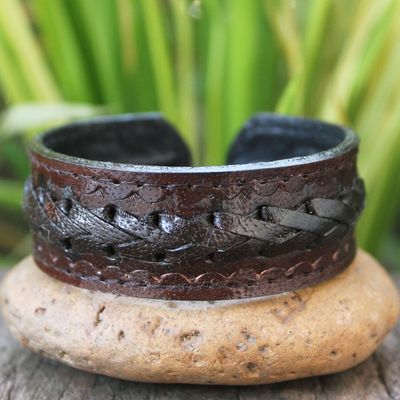 Alternate image for Mens Artisan Crafted Leather Cuff Bracelet Brown Braided Path