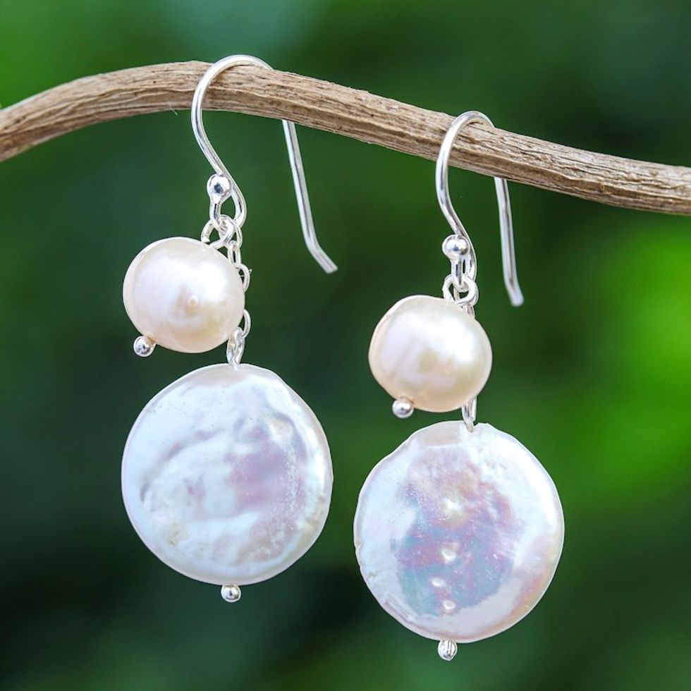 Handcrafted White Pearl Dangle Earrings from Thailand 'Pretty Lady'