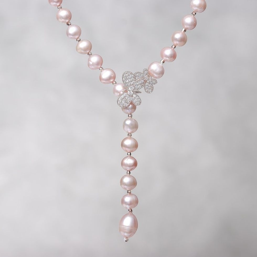 Cultured Pearl Y-Necklace in Pink from Thailand 'Beautiful Butterfly in Pink'