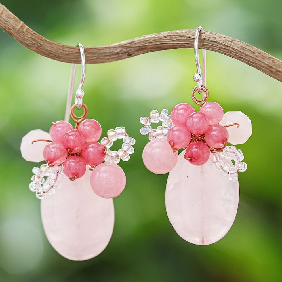 Handmade Pink Quartz Beaded Dangle Earrings from Thailand 'Blossom Blush'