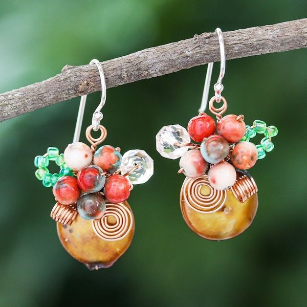 Alternate image for Glass Beaded Cluster Earrings with Quartz and Brown Pearls Warm Bliss