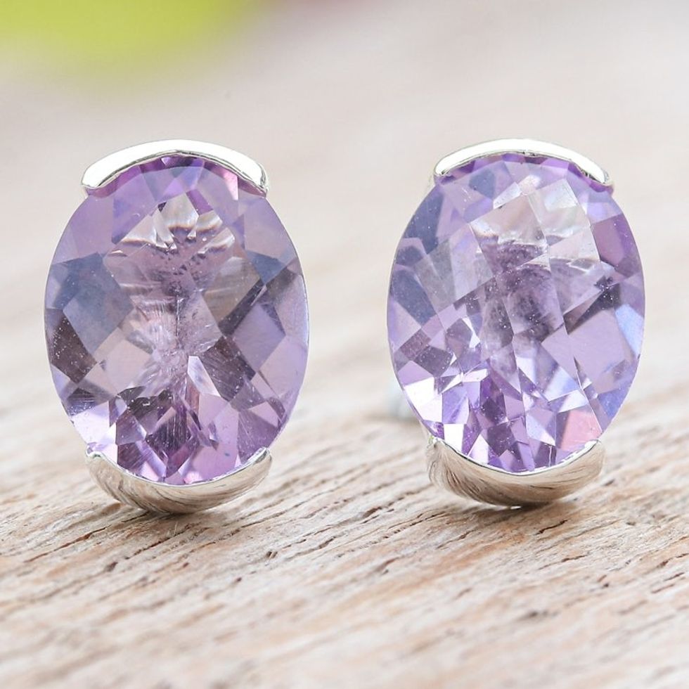 Amethyst and Sterling Silver Stud Earrings from Thailand 'Precious Plum'