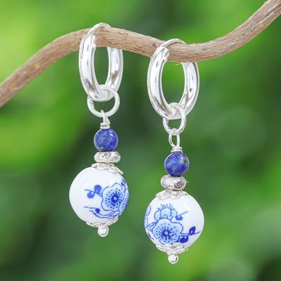 Alternate image for Traditional Floral Lapis Lazuli and Ceramic Dangle Earrings Noble Duo