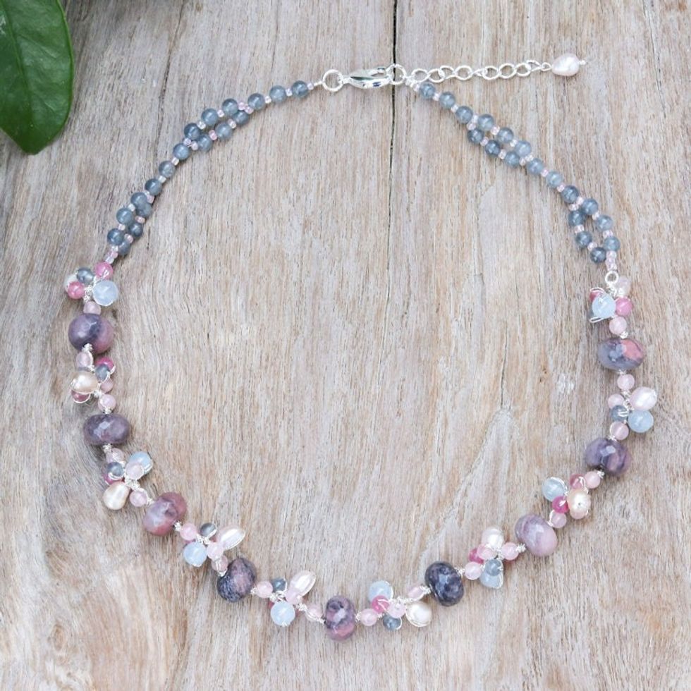 Delicate Rhodonite Cultured Pearl and Quartz Beaded Necklace 'Autumn Rose'