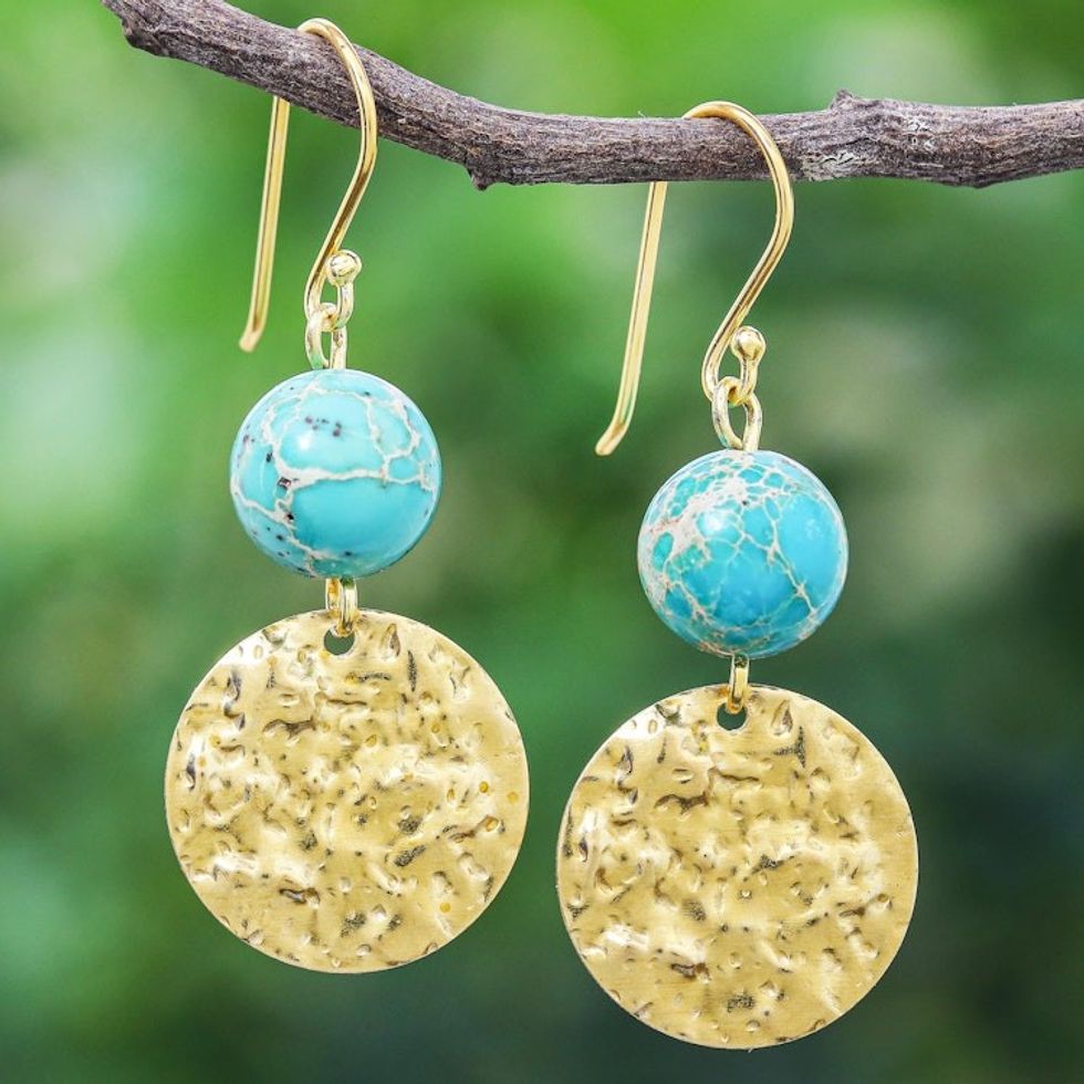 Reconstituted Turquoise Bead and Brass Coin Dangle Earrings 'Golden Coin in Turquoise'