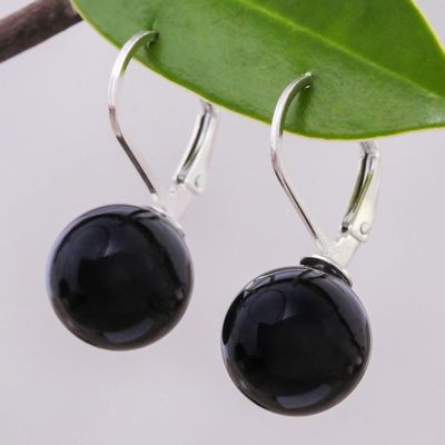 Alternate image for Black Calcite and Sterling Silver Earrings from Thailand Pure Black