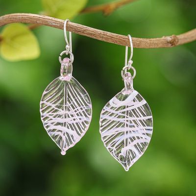 Alternate image for Handblown Leafy Pink and White Glass Dangle Earrings Tender Foliage
