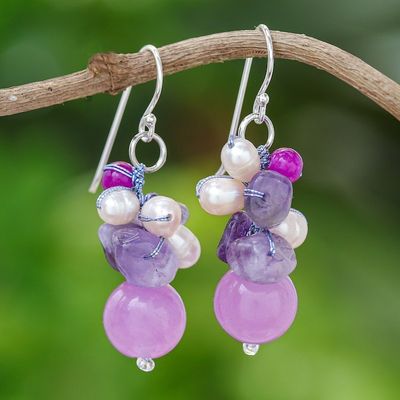 Alternate image for Handcrafted Pearl Amethyst Quartz Cluster Earrings Sweet Lavender