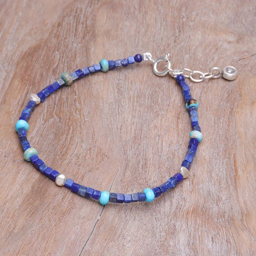 Hand Made Lapis Lazuli and Jasper Beaded Bracelet 'Blue Cubed'