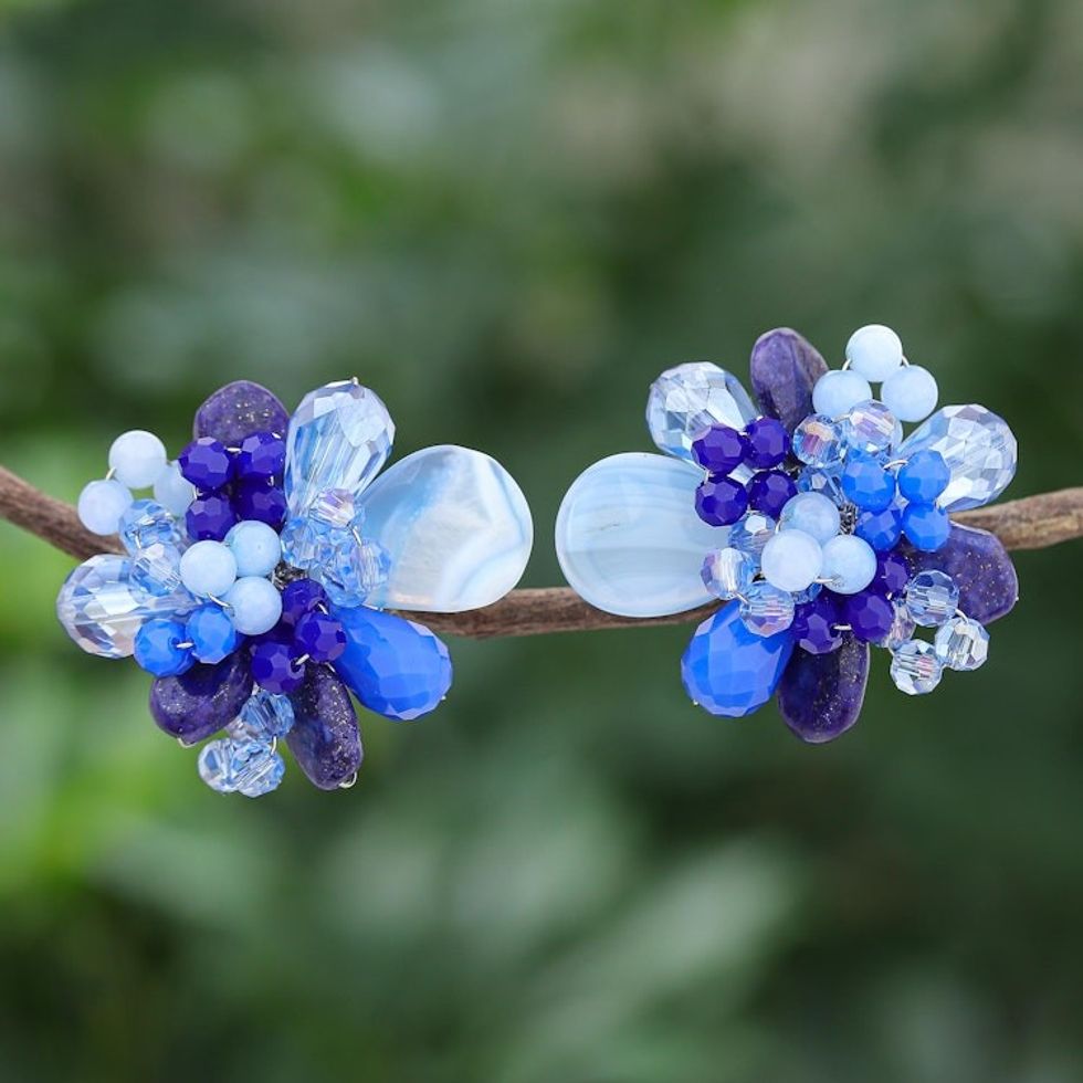 Agate and Lapis Lazuli Cluster Clip-On Earrings 'Solaris in Blue'