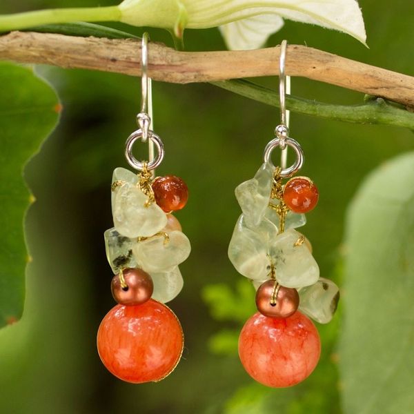 Alternate image for Handcrafted Pearl Carnelian Prehnite Cluster Earrings Spicy Peach