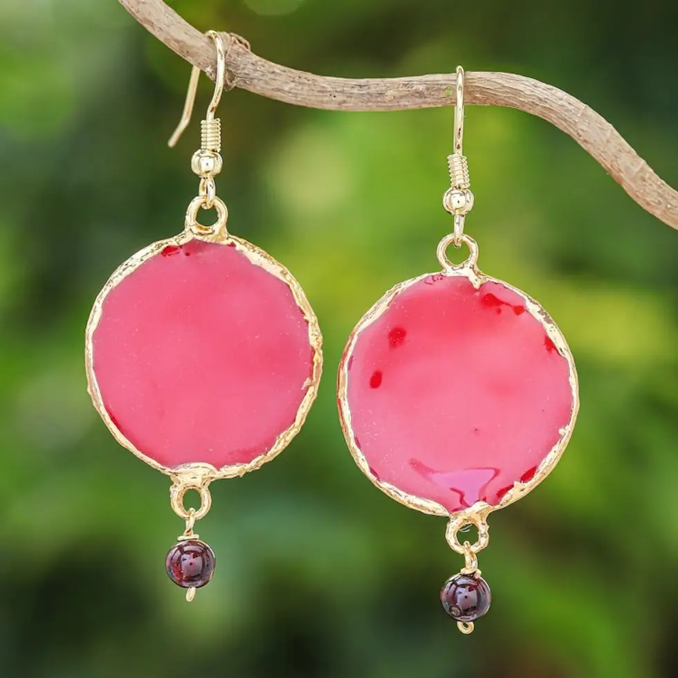 Garnet and Gold Plated Natural Rose Petal Dangle Earrings 'Red Rose of Autumn'