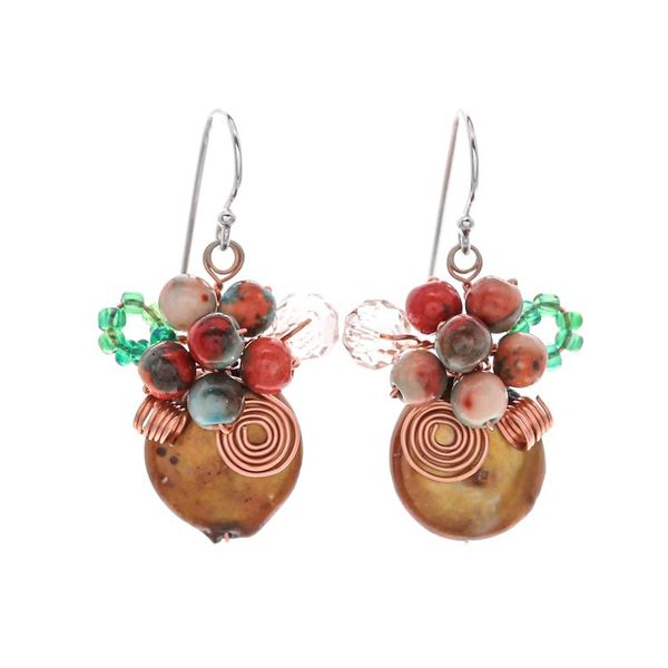 Alternate image for Glass Beaded Cluster Earrings with Quartz and Brown Pearls Warm Bliss
