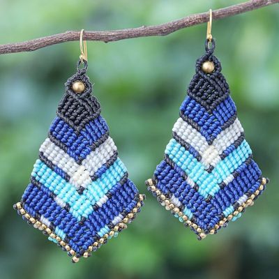 Alternate image for Handmade Gold-Accented Macrame Earrings Blue Boho