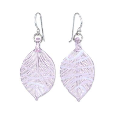 Alternate image for Handblown Leafy Pink and White Glass Dangle Earrings Tender Foliage