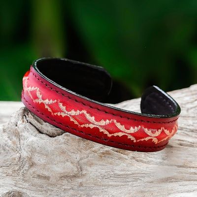 Alternate image for Diamond Pattern Leather Cuff Bracelet in Red from Thailand Thai Pattern in Red