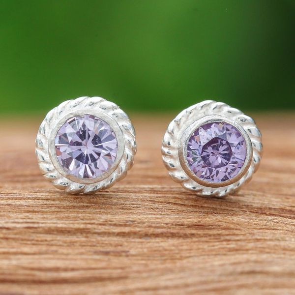Alternate image for Sterling Silver Stud Earrings with Round Amethyst Gems Wise Elements