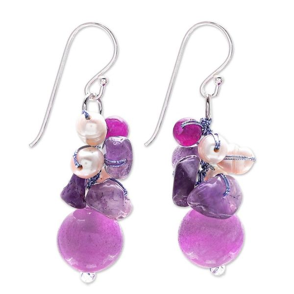 Alternate image for Handcrafted Pearl Amethyst Quartz Cluster Earrings Sweet Lavender