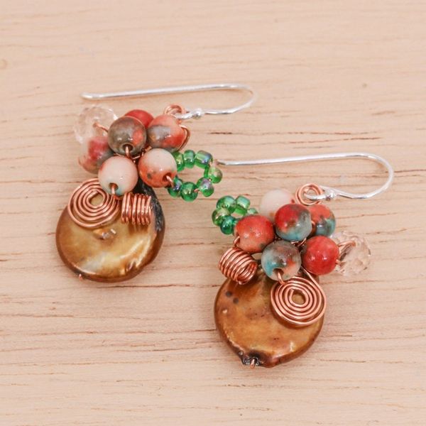 Alternate image for Glass Beaded Cluster Earrings with Quartz and Brown Pearls Warm Bliss