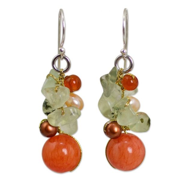 Alternate image for Handcrafted Pearl Carnelian Prehnite Cluster Earrings Spicy Peach