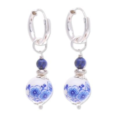 Alternate image for Traditional Floral Lapis Lazuli and Ceramic Dangle Earrings Noble Duo