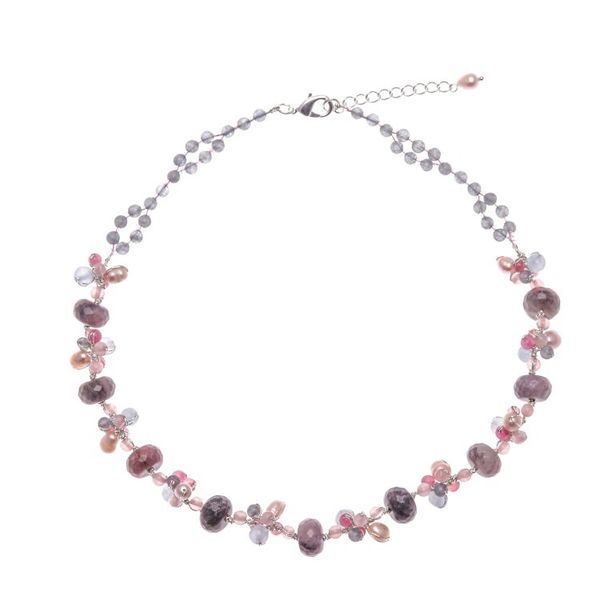 Alternate image for Delicate Rhodonite Cultured Pearl and Quartz Beaded Necklace Autumn Rose