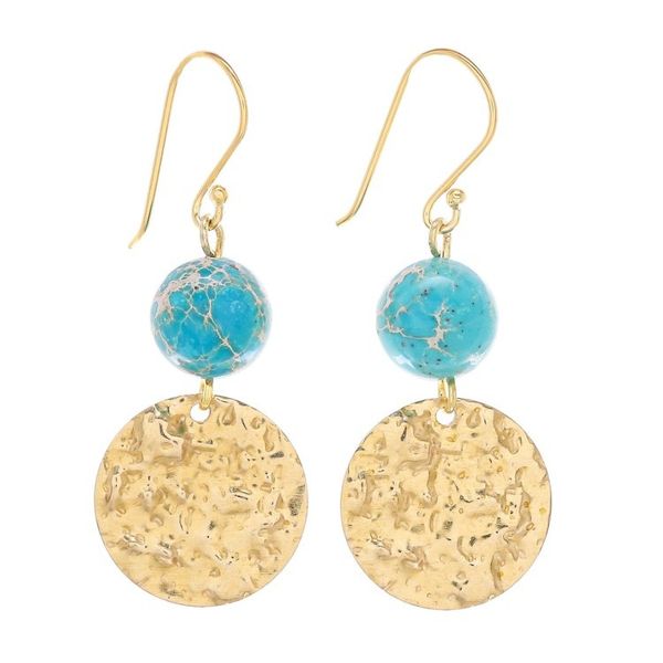 Alternate image for Reconstituted Turquoise Bead and Brass Coin Dangle Earrings Golden Coin in Turquoise