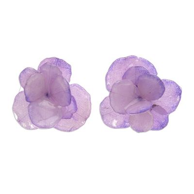 Alternate image for Thai Resin Coated Purple Hydrangea Bloom Post Earrings Purple Hydrangea