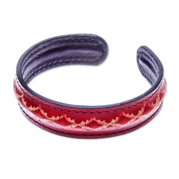 Alternate image for Diamond Pattern Leather Cuff Bracelet in Red from Thailand Thai Pattern in Red