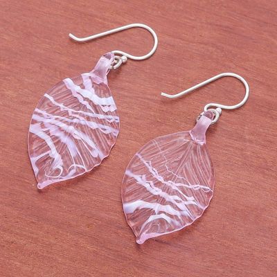 Alternate image for Handblown Leafy Pink and White Glass Dangle Earrings Tender Foliage