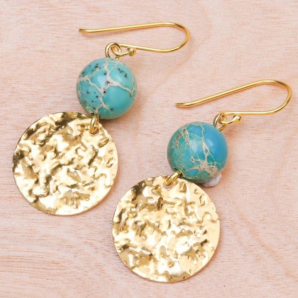 Alternate image for Reconstituted Turquoise Bead and Brass Coin Dangle Earrings Golden Coin in Turquoise