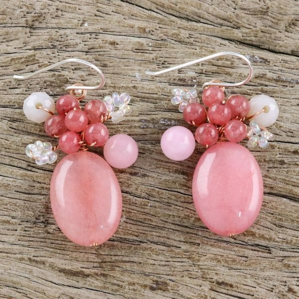 Alternate image for Handmade Pink Quartz Beaded Dangle Earrings from Thailand Blossom Blush