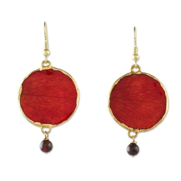 Alternate image for Garnet and Gold Plated Natural Rose Petal Dangle Earrings Red Rose of Autumn