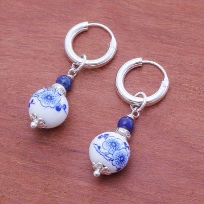 Alternate image for Traditional Floral Lapis Lazuli and Ceramic Dangle Earrings Noble Duo