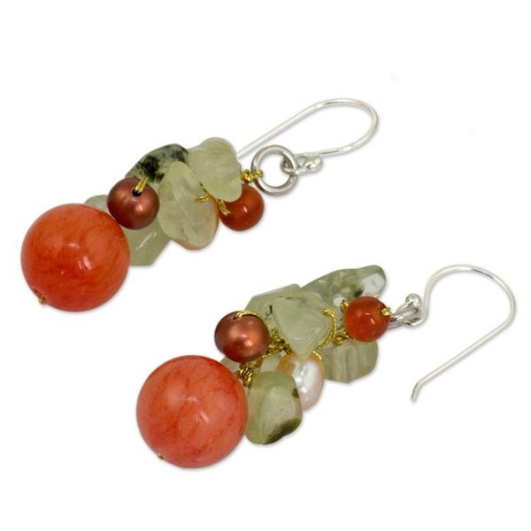 Alternate image for Handcrafted Pearl Carnelian Prehnite Cluster Earrings Spicy Peach