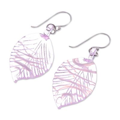 Alternate image for Handblown Leafy Pink and White Glass Dangle Earrings Tender Foliage