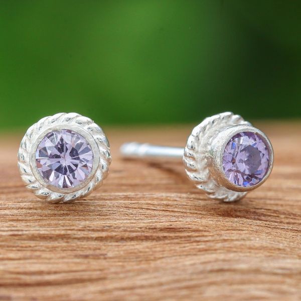Alternate image for Sterling Silver Stud Earrings with Round Amethyst Gems Wise Elements