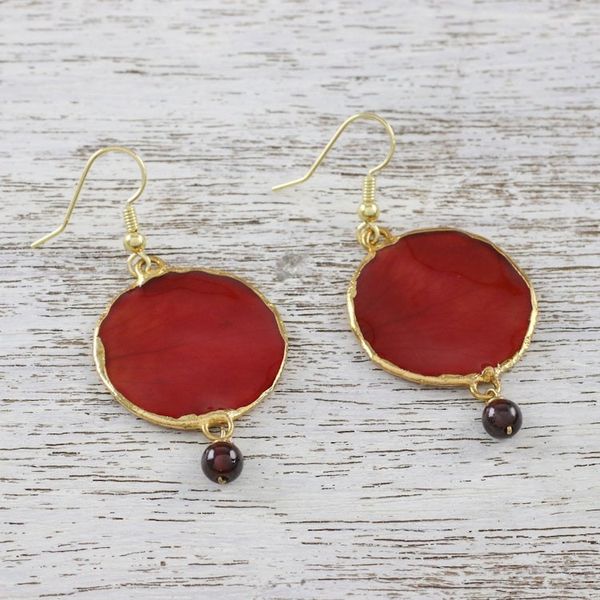 Alternate image for Garnet and Gold Plated Natural Rose Petal Dangle Earrings Red Rose of Autumn