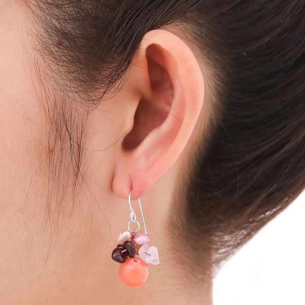 Alternate image for Rose Quartz and Pearl Beaded Dangle Earrings Strawberry Fantasy
