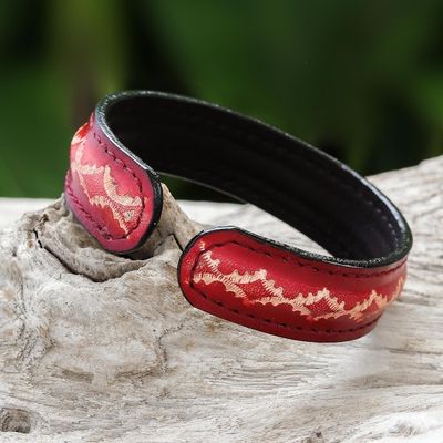 Alternate image for Diamond Pattern Leather Cuff Bracelet in Red from Thailand Thai Pattern in Red